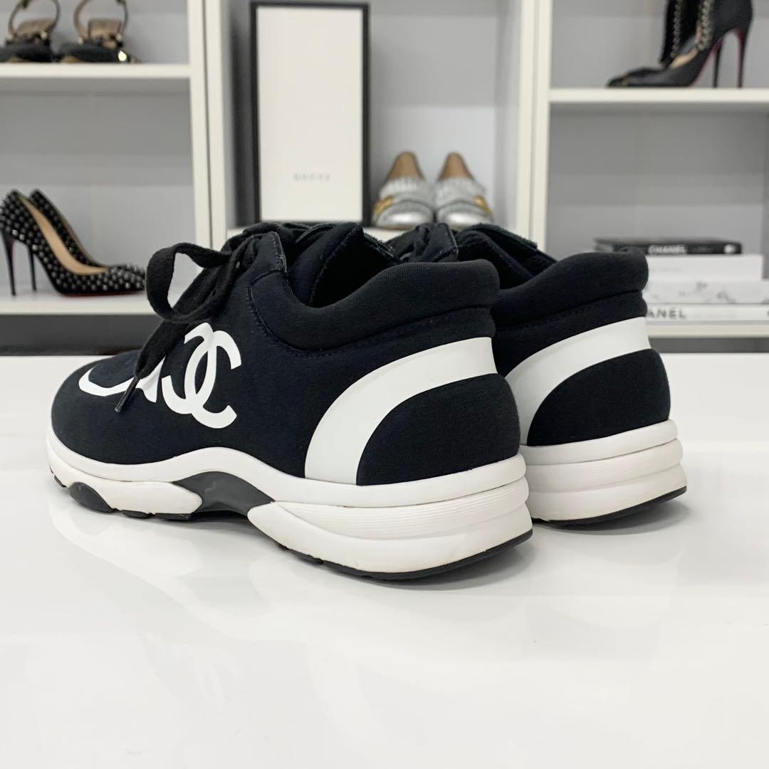 Chanel CC Logo Fabric Sneakers Black White — view 5