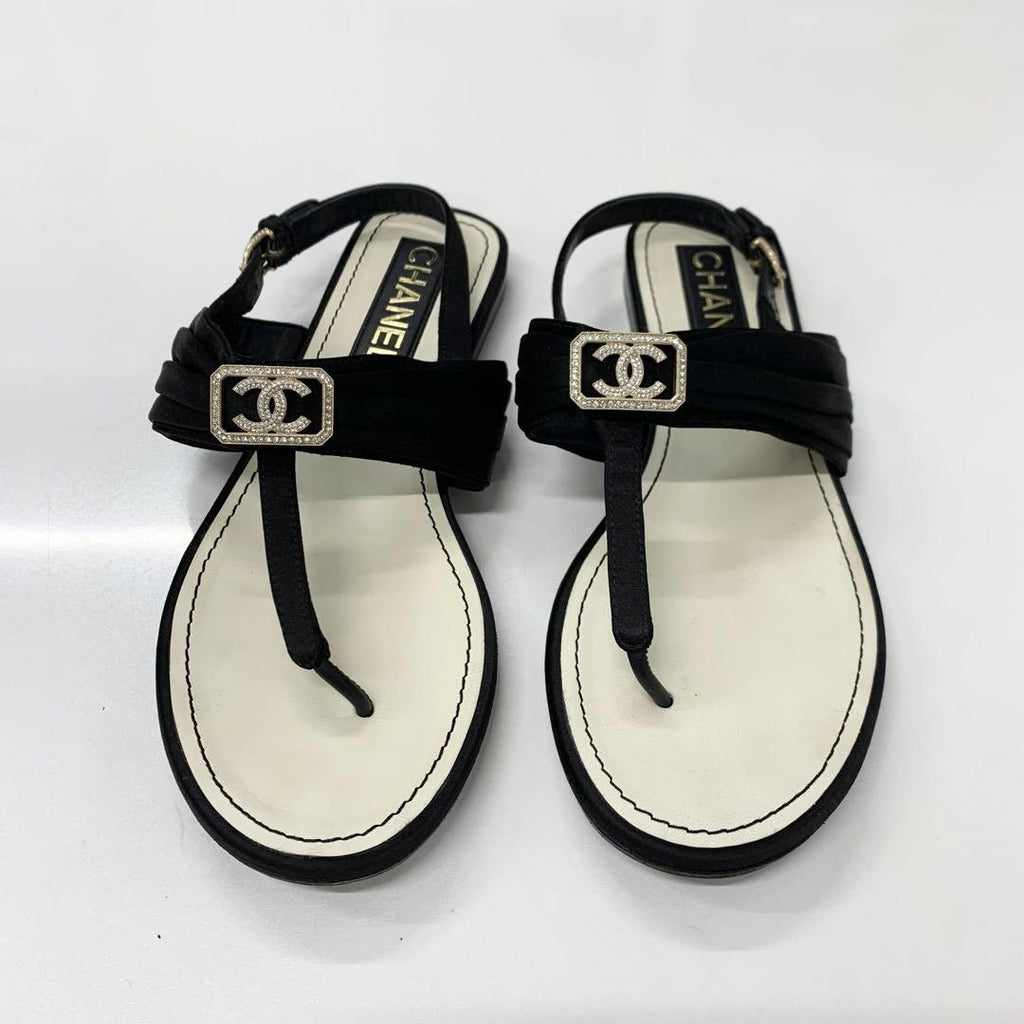 Chanel CC Logo Satin Rhinestone Thong Sandals Black — view 2