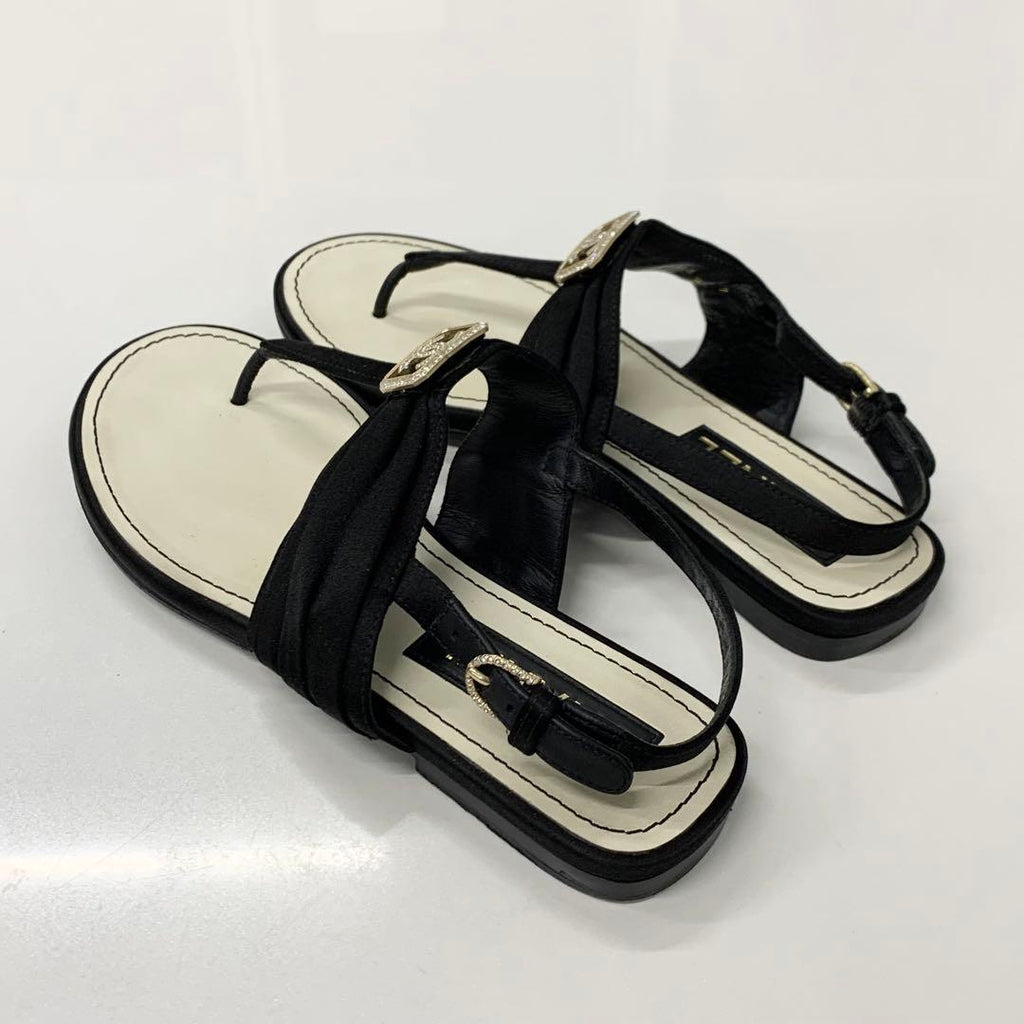 Chanel CC Logo Satin Rhinestone Thong Sandals Black — view 4