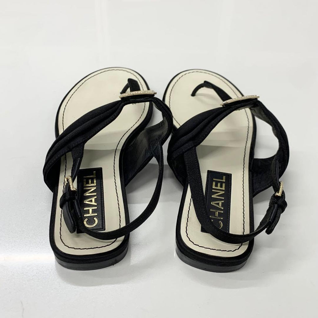 Chanel CC Logo Satin Rhinestone Thong Sandals Black — view 5