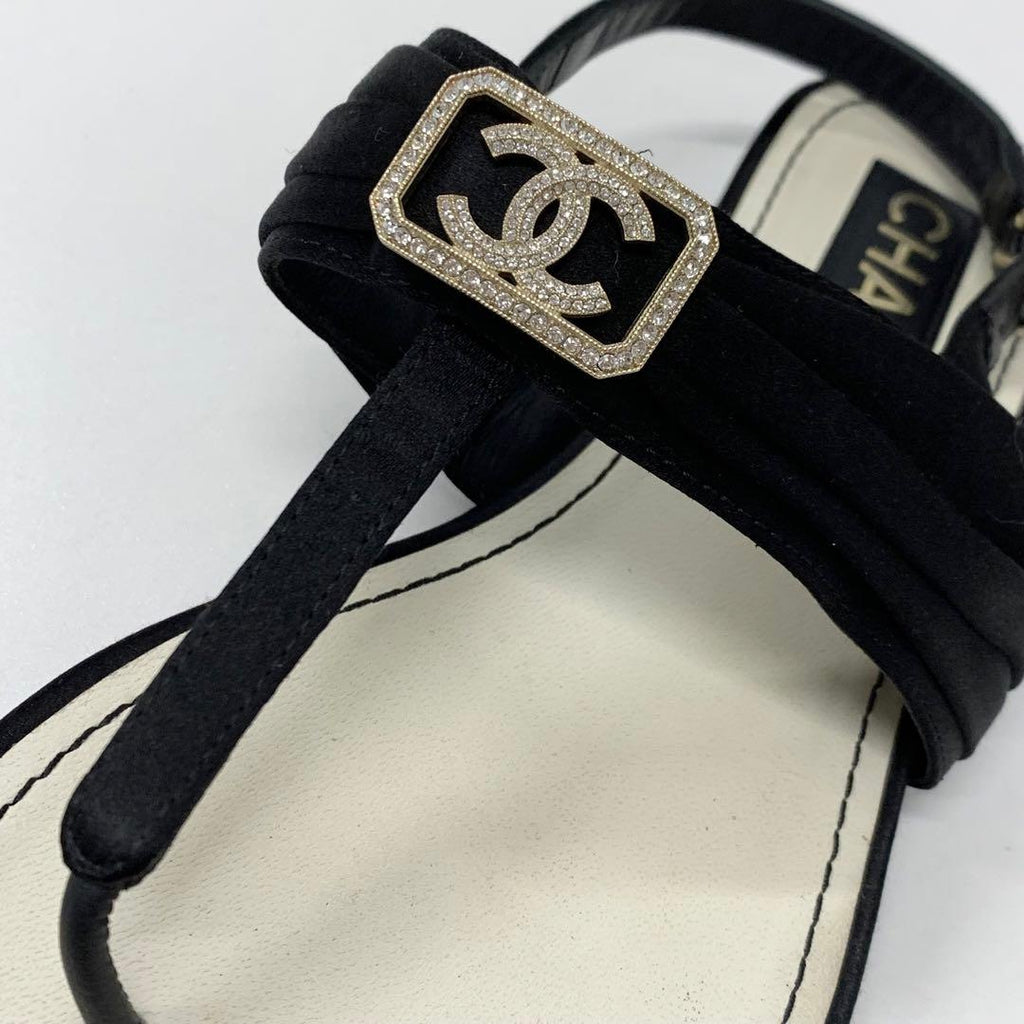 Chanel CC Logo Satin Rhinestone Thong Sandals Black — view 9