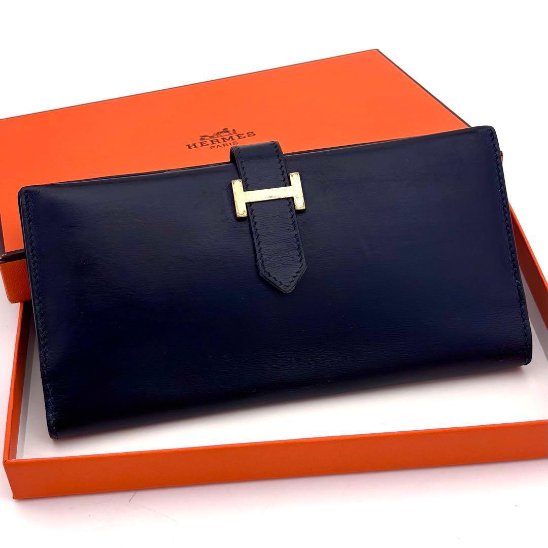 Hermes Bearn Classic Box Calf Navy Blue Wallet Bifold