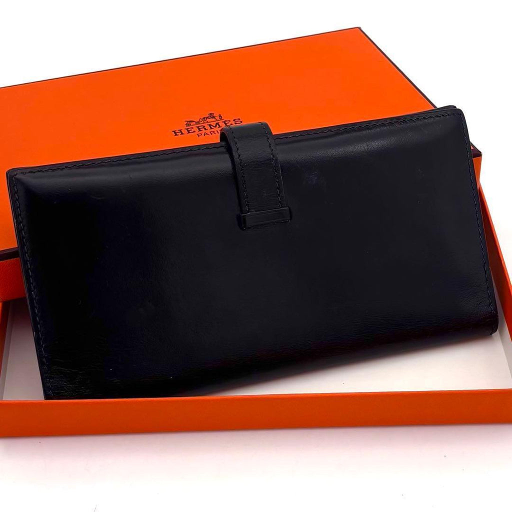 Hermes Bearn Classic Box Calf Navy Blue Wallet Bifold — view 2