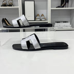 Hermes Oran Leather Sandals Silver Black — view 3