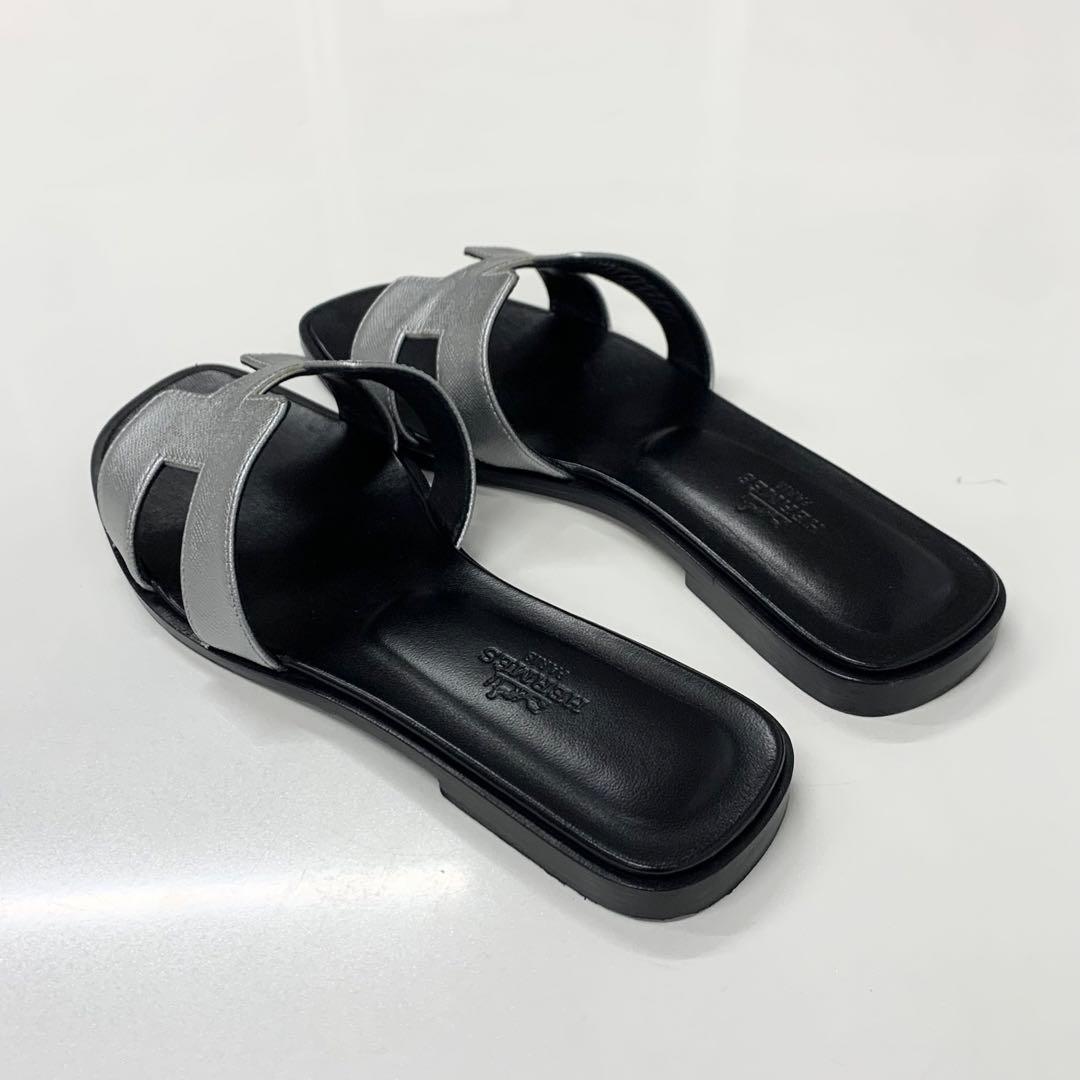 Hermes Oran Leather Sandals Silver Black — view 4
