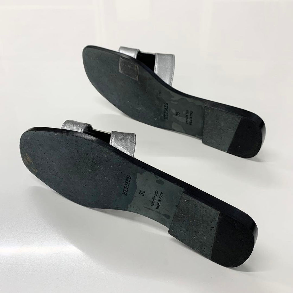 Hermes Oran Leather Sandals Silver Black — view 6