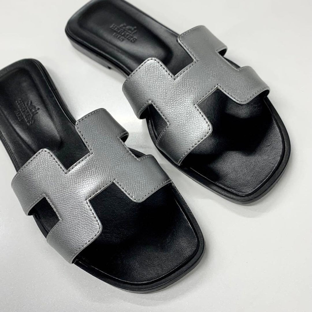 Hermes Oran Leather Sandals Silver Black — view 9