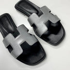 Hermes Oran Leather Sandals Silver Black — view 9