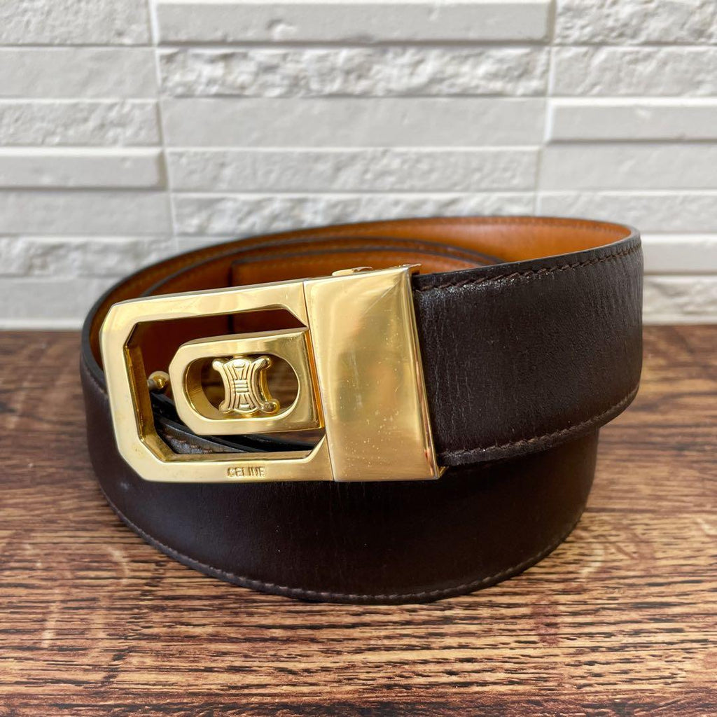 Celine Leather Triomphe Buckle Gold Belt Brown
