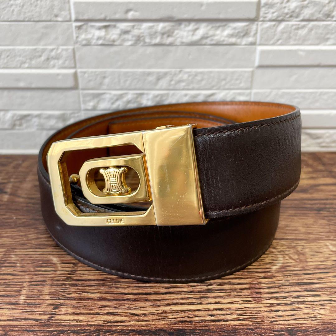 Celine Leather Triomphe Buckle Gold Belt Brown