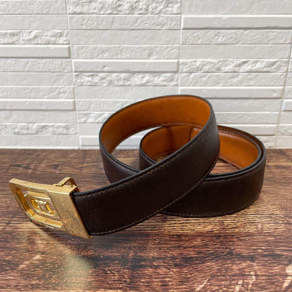 Celine Leather Triomphe Buckle Gold Belt Brown — view 2