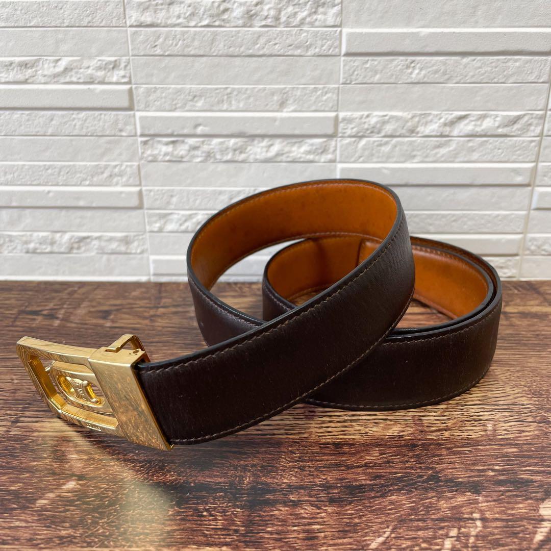 Celine Leather Triomphe Buckle Gold Belt Brown — view 2