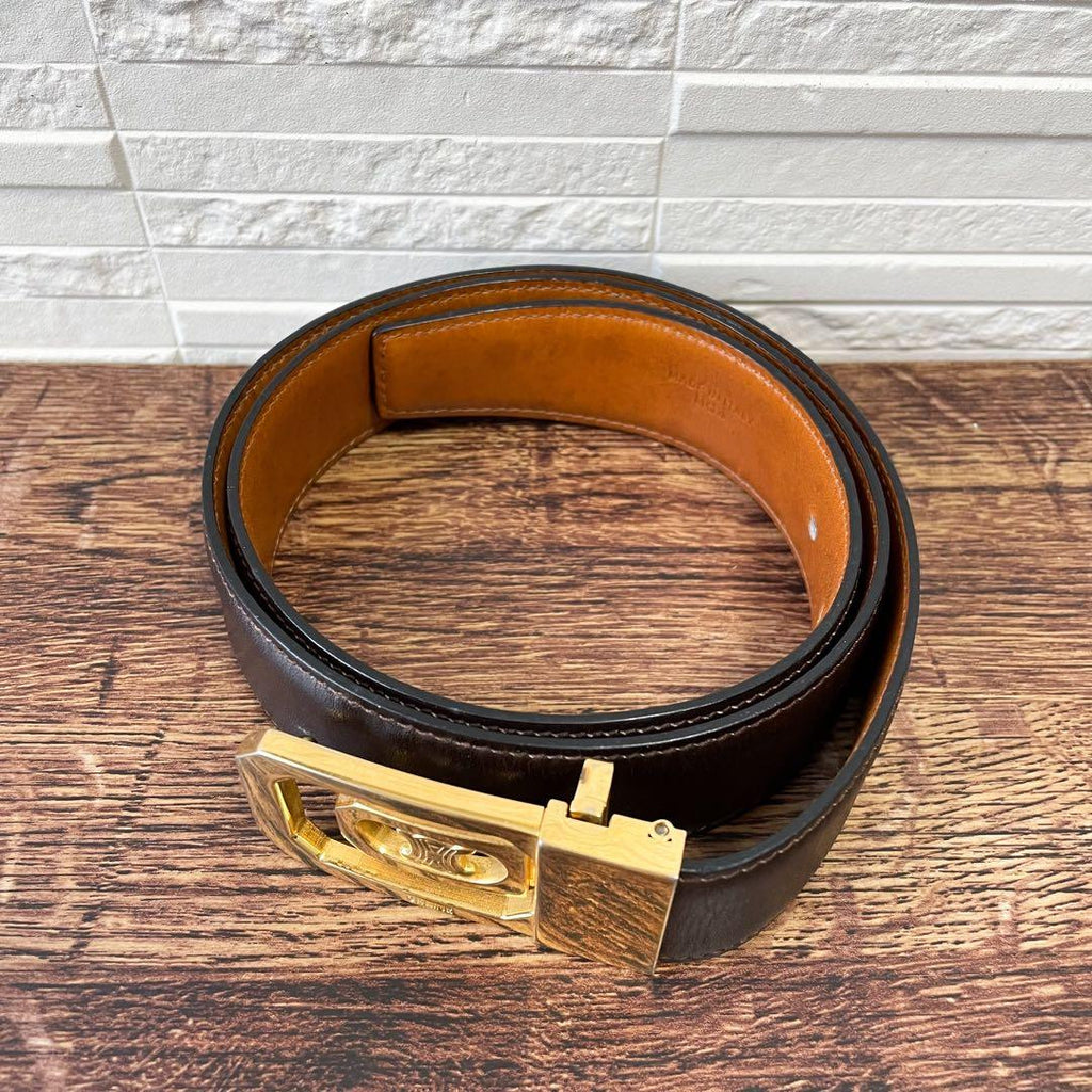 Celine Leather Triomphe Buckle Gold Belt Brown — view 3