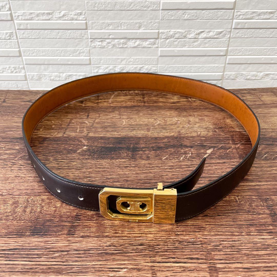 Celine Leather Triomphe Buckle Gold Belt Brown — view 5