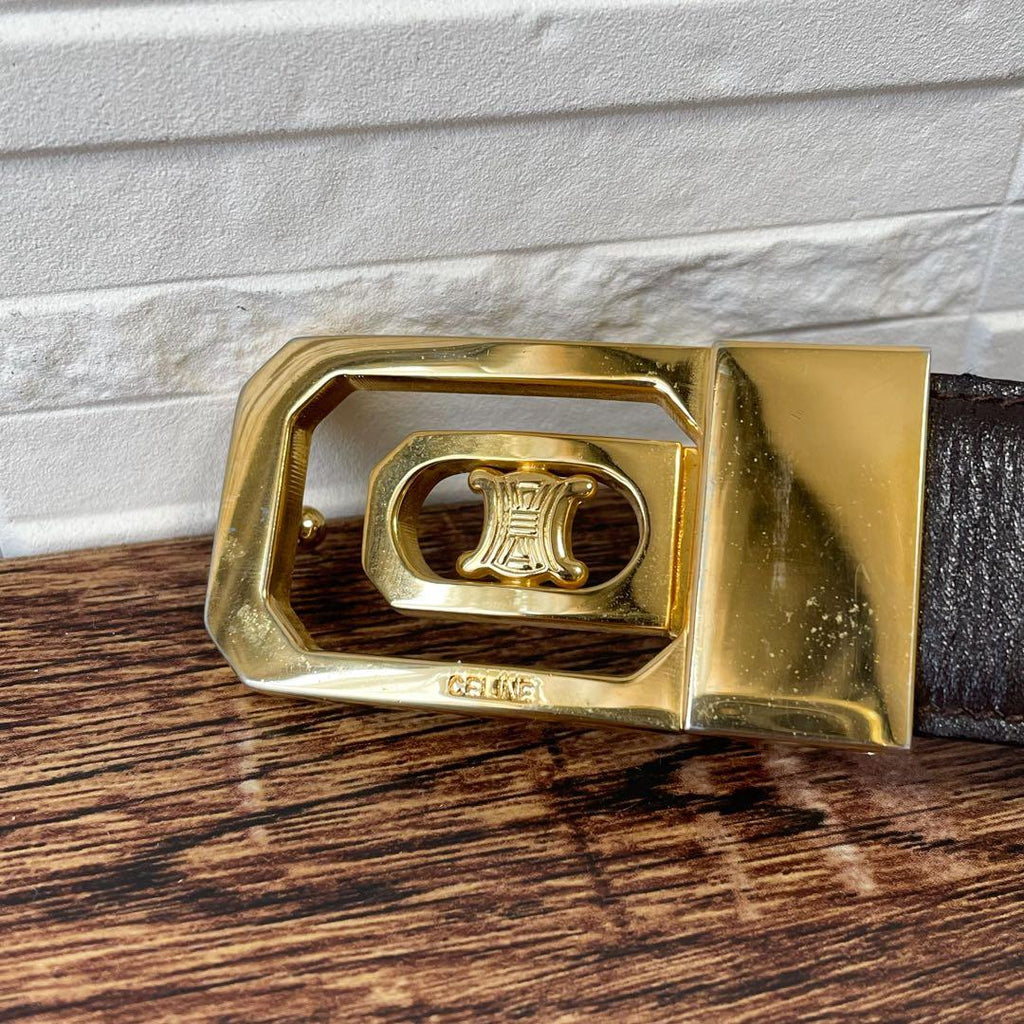 Celine Leather Triomphe Buckle Gold Belt Brown — view 8