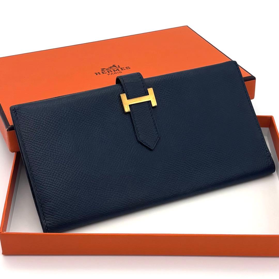 Hermes Bearn Classic Bifold Wallet Navy Leather Epsom