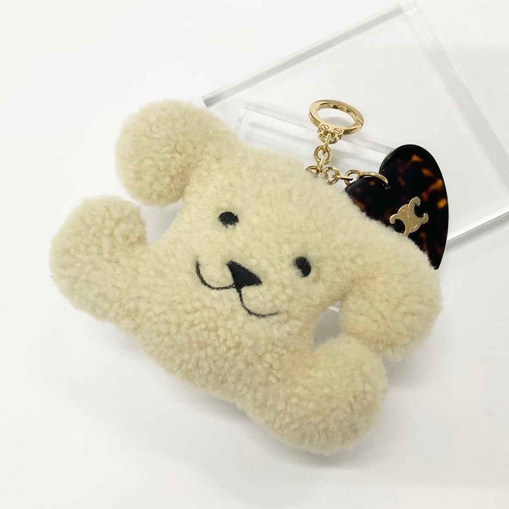 Celine Triomphe Pom Charm Dog Beige Keychain