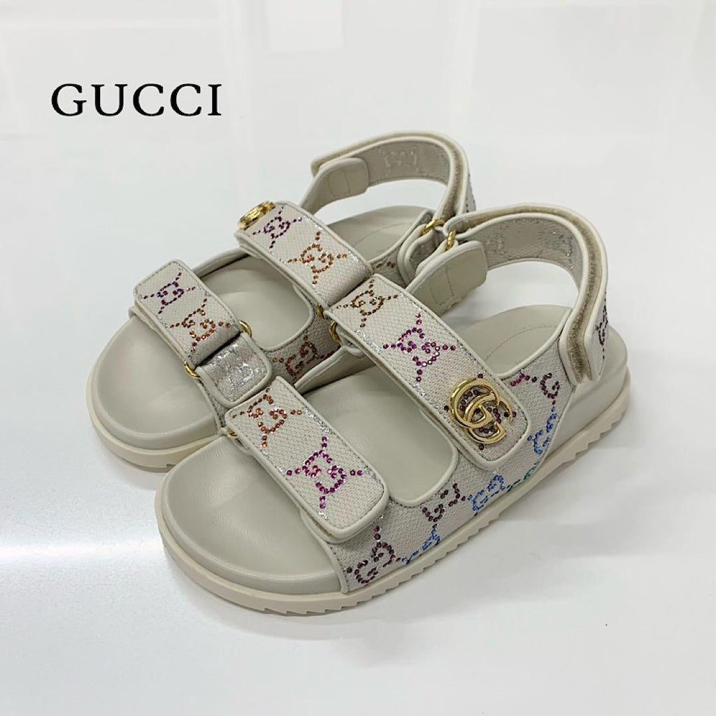 Gucci Double Rhinestone Fabric Leather Flat Sandals