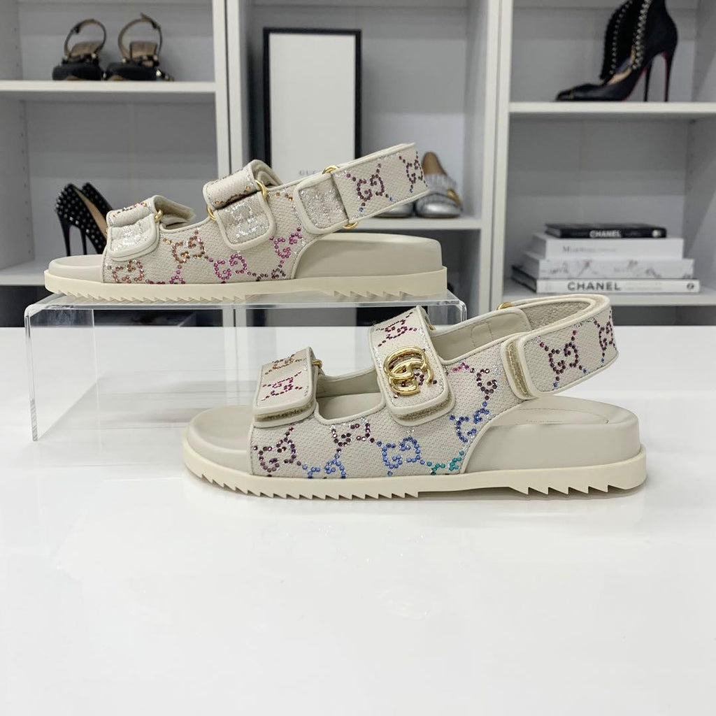 Gucci Double Rhinestone Fabric Leather Flat Sandals — view 3