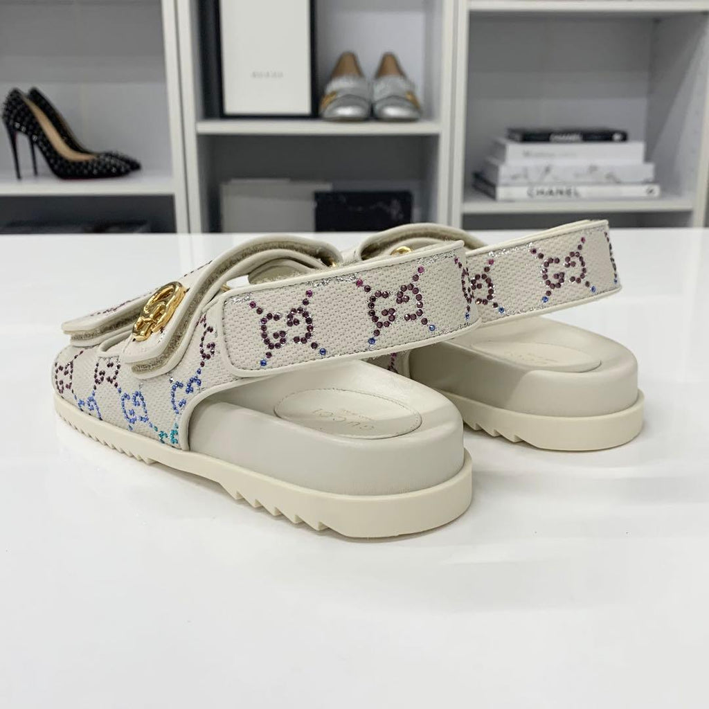 Gucci Double Rhinestone Fabric Leather Flat Sandals — view 4