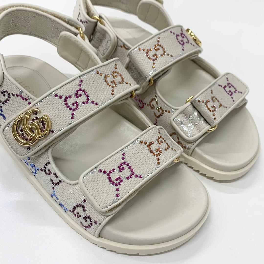 Gucci Double Rhinestone Fabric Leather Flat Sandals — view 9