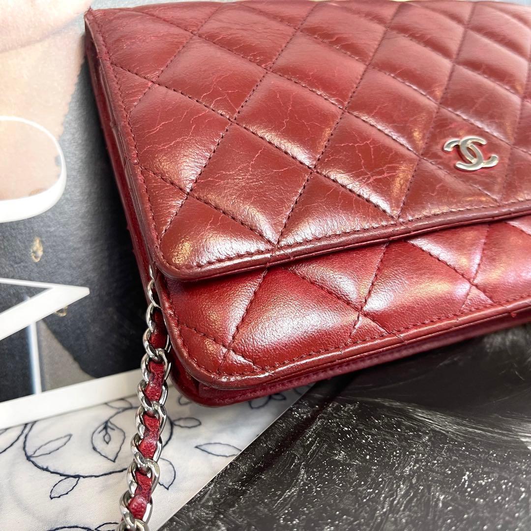Chanel Chain Wallet Quilted Deep Red Shoulder — view 4
