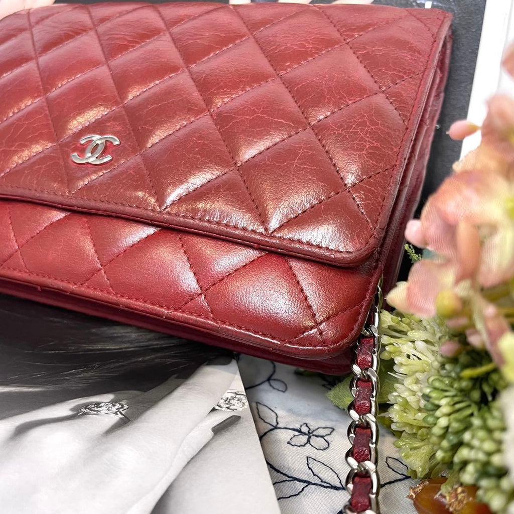 Chanel Chain Wallet Quilted Deep Red Shoulder — view 5