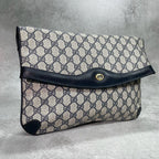 Gucci GG Clutch Navy Beige Logo Leather