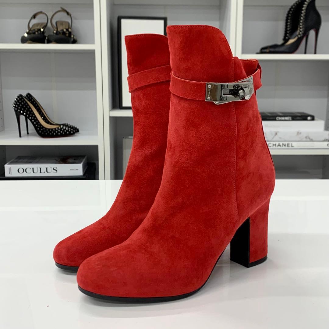 Hermes Jews Kelly Hardware Suede Short Boots Red — view 3