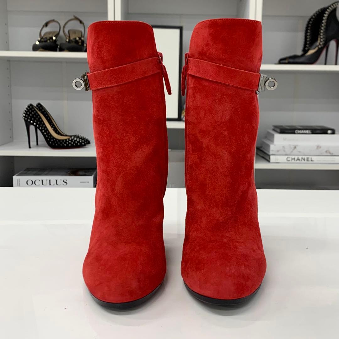 Hermes Jews Kelly Hardware Suede Short Boots Red — view 4