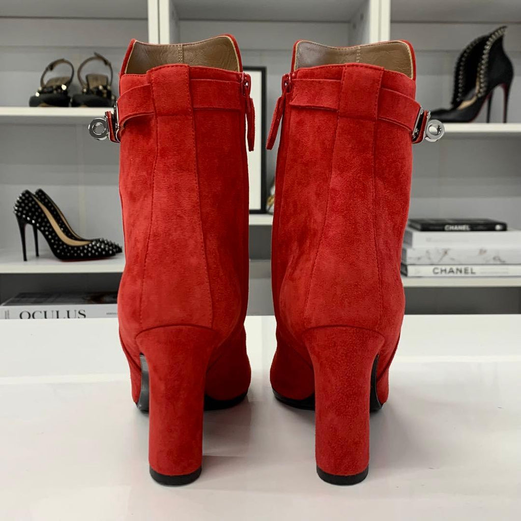 Hermes Jews Kelly Hardware Suede Short Boots Red — view 6