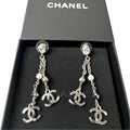 Chanel CC Logo Long Drop Earrings Light Stone Pearl