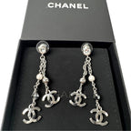 Chanel CC Logo Long Drop Earrings Light Stone Pearl
