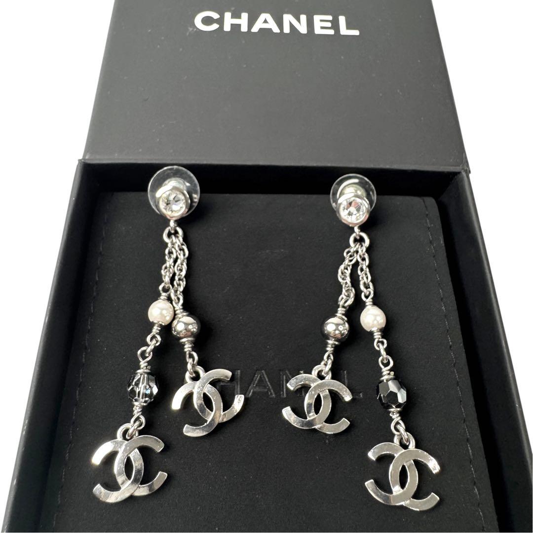 Chanel CC Logo Long Drop Earrings Light Stone Pearl