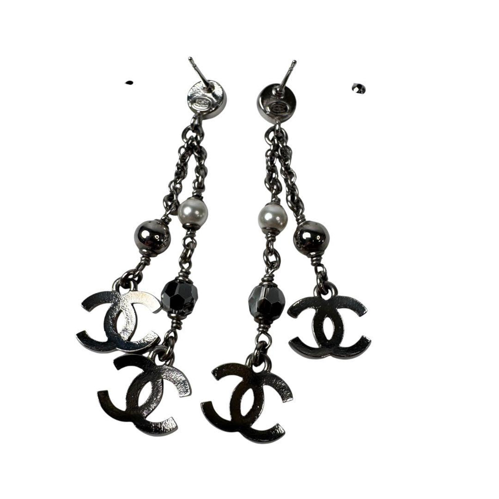 Chanel CC Logo Long Drop Earrings Light Stone Pearl — view 4