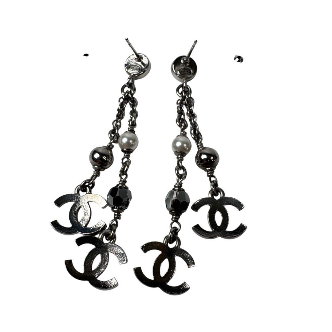 Chanel CC Logo Long Drop Earrings Light Stone Pearl — view 4