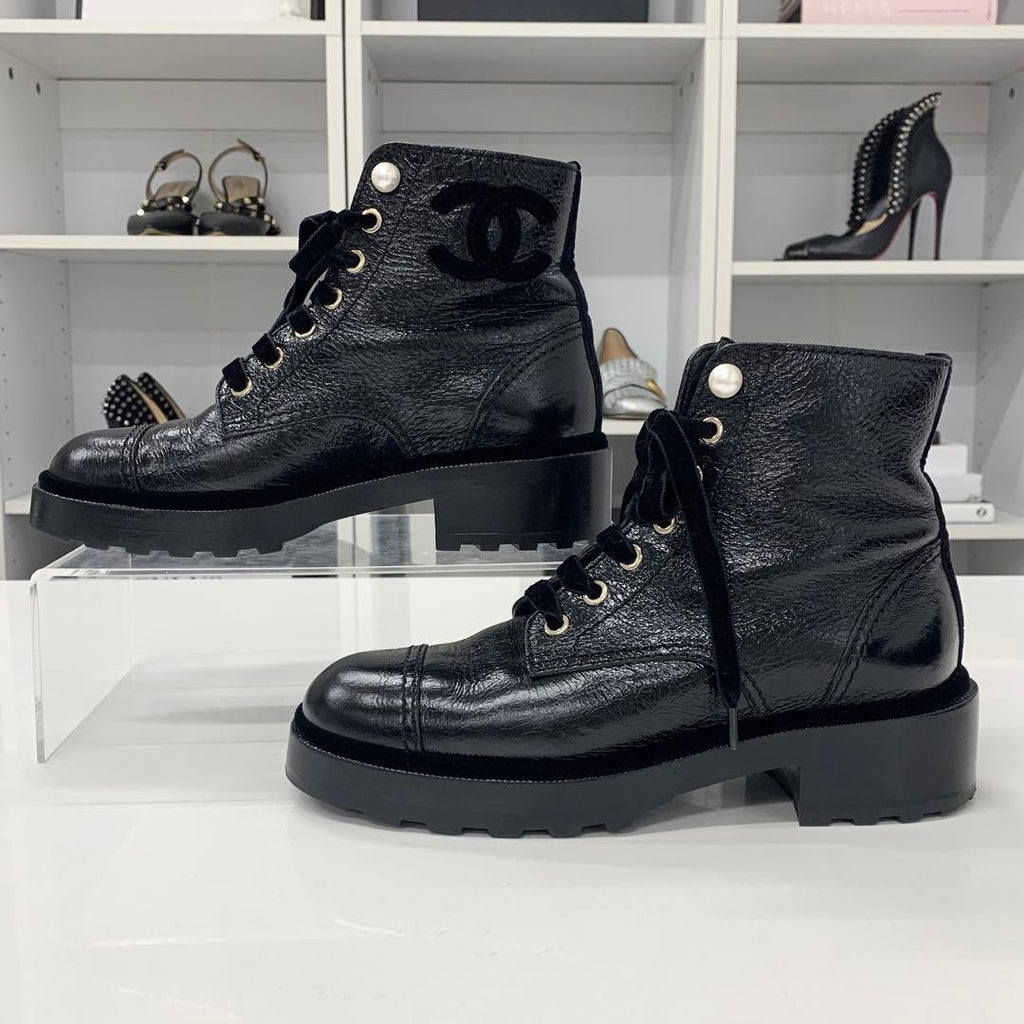 Chanel Coco Mark Leather Velor Pearl Lace Up Short Boots — view 2
