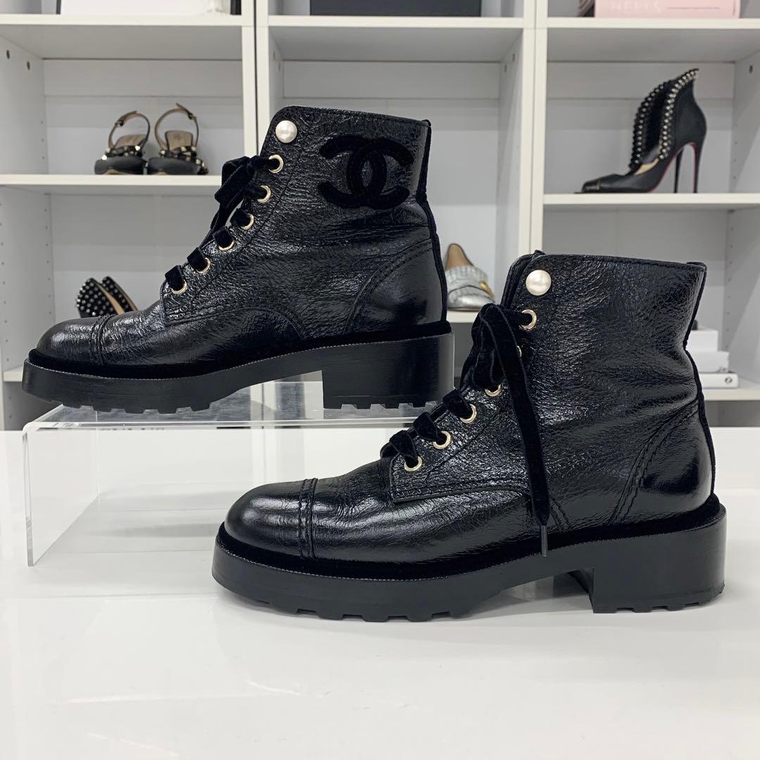 Chanel Coco Mark Leather Velor Pearl Lace Up Short Boots — view 2