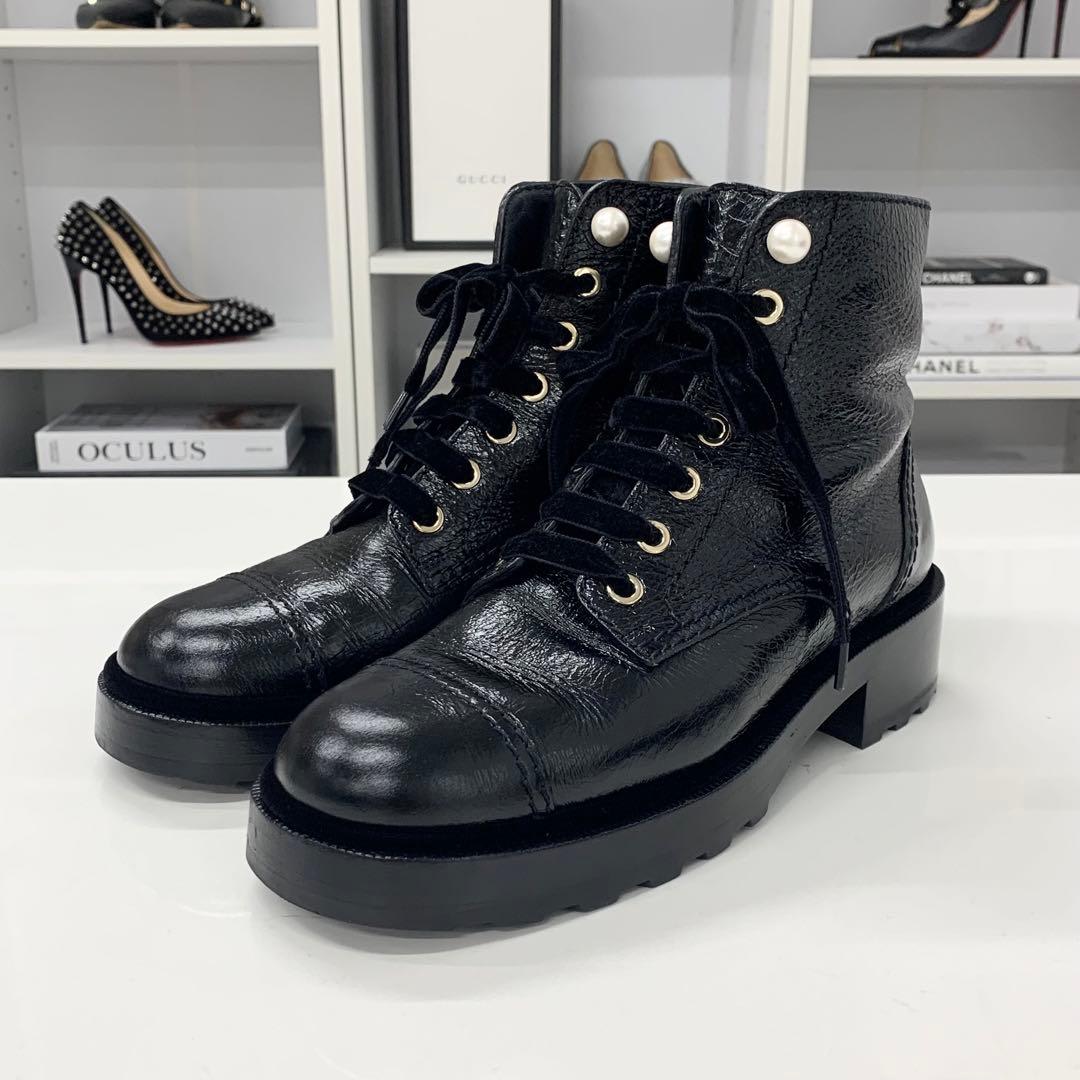Chanel Coco Mark Leather Velor Pearl Lace Up Short Boots — view 3