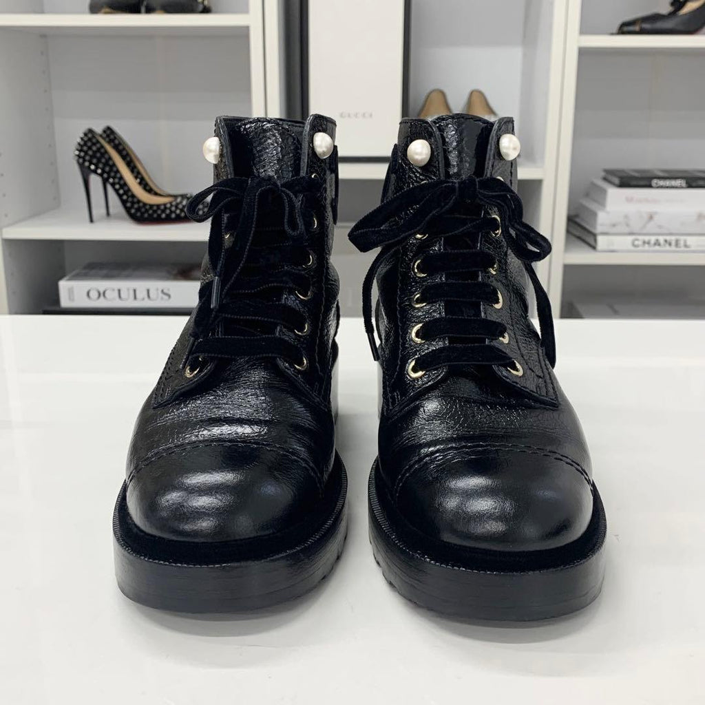 Chanel Coco Mark Leather Velor Pearl Lace Up Short Boots — view 4
