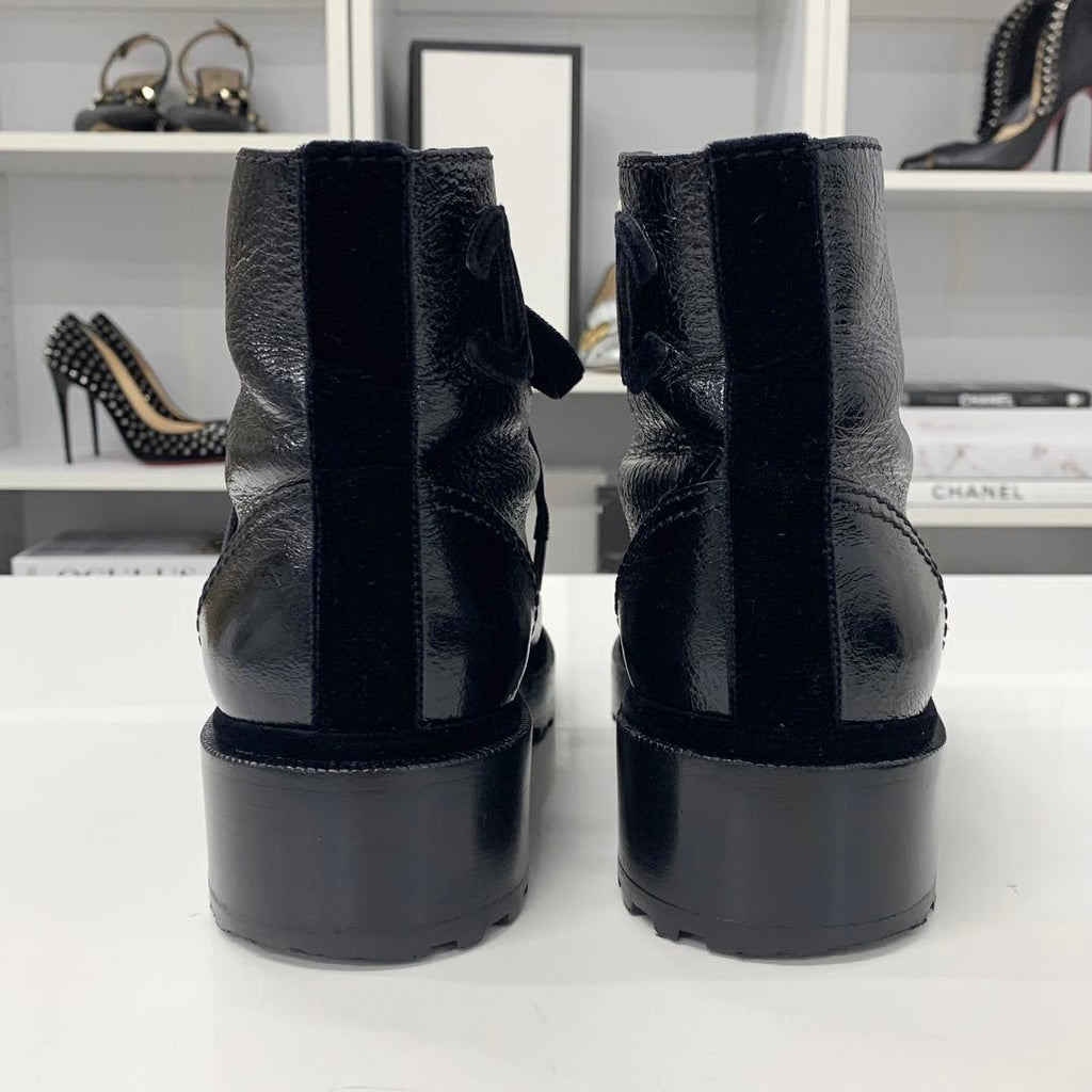 Chanel Coco Mark Leather Velor Pearl Lace Up Short Boots — view 6