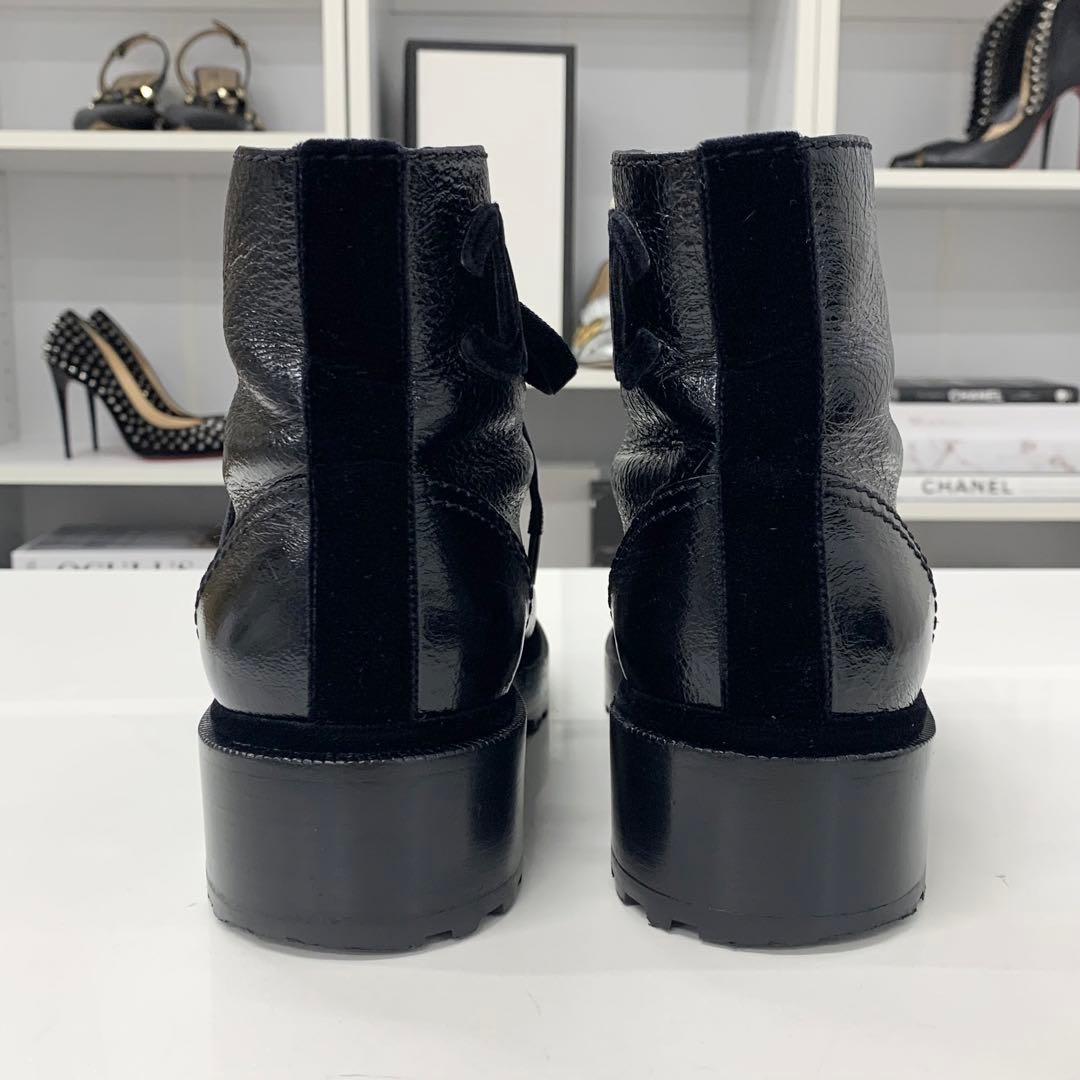 Chanel Coco Mark Leather Velor Pearl Lace Up Short Boots — view 6