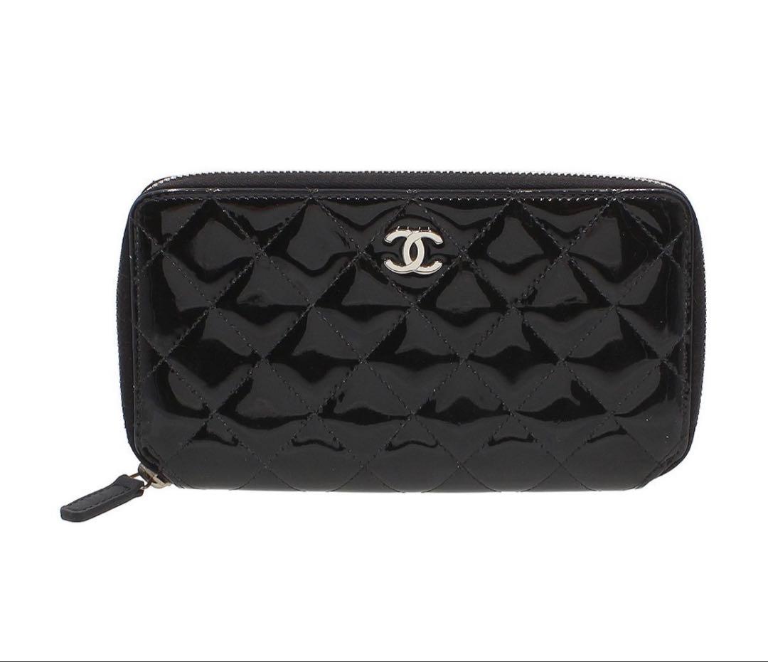 Chanel Quilted Patent Leather Zip Around Wallet