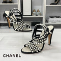 Chanel Leather CC Logo Pearl Quilted Strap Sandals Black