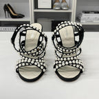 Chanel Leather CC Logo Pearl Quilted Strap Sandals Black — view 4