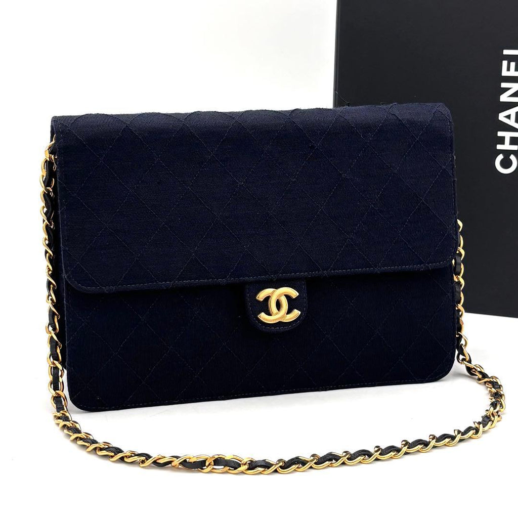 Chanel Quilted Cotton Chain Shoulder Bag Navy Gold