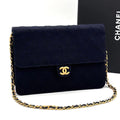 Chanel Quilted Cotton Chain Shoulder Bag Navy Gold