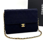 Chanel Quilted Cotton Chain Shoulder Bag Navy Gold