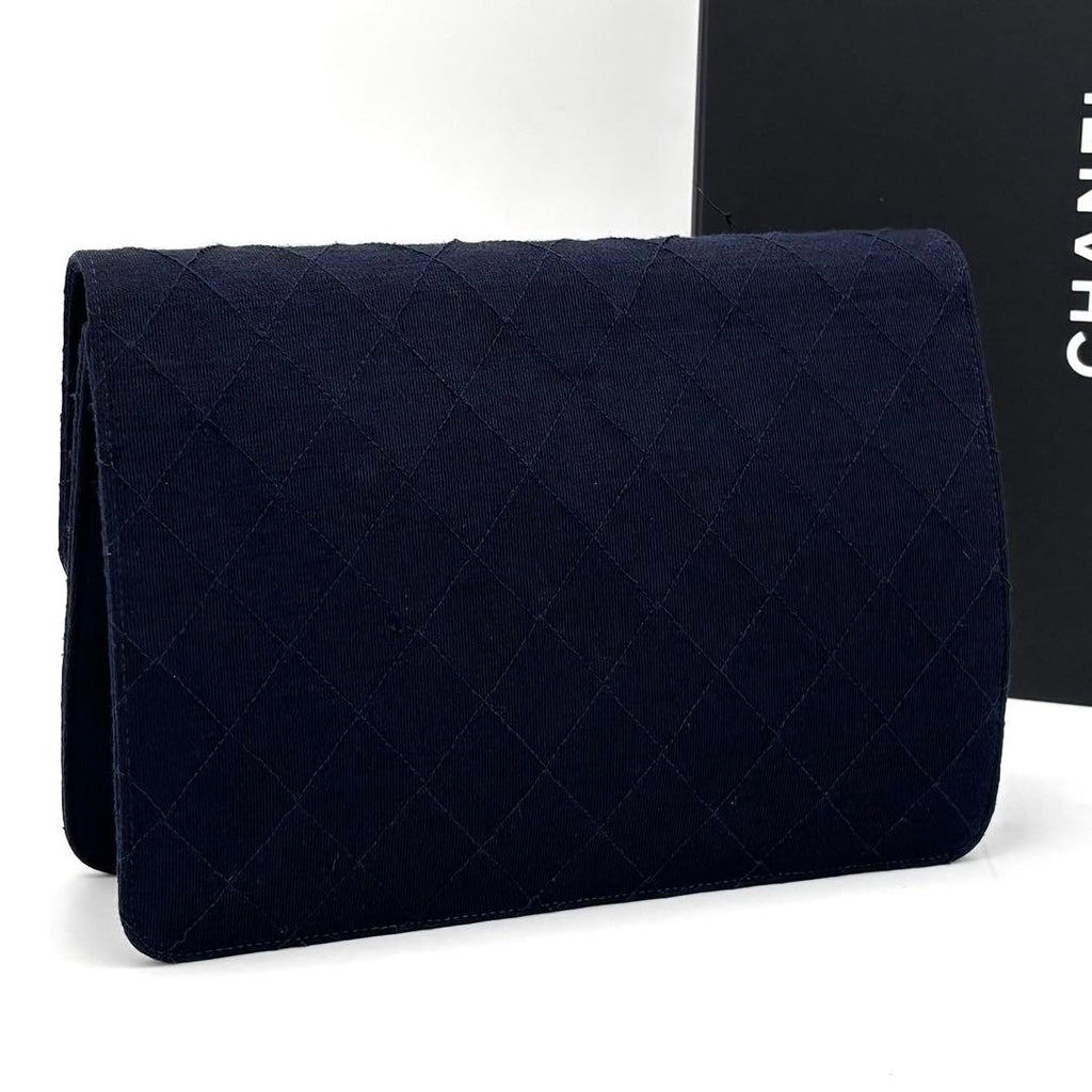 Chanel Quilted Cotton Chain Shoulder Bag Navy Gold — view 2