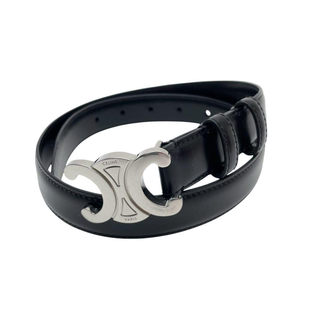 Celine Leather Triomphe Buckle Silver Belt Black